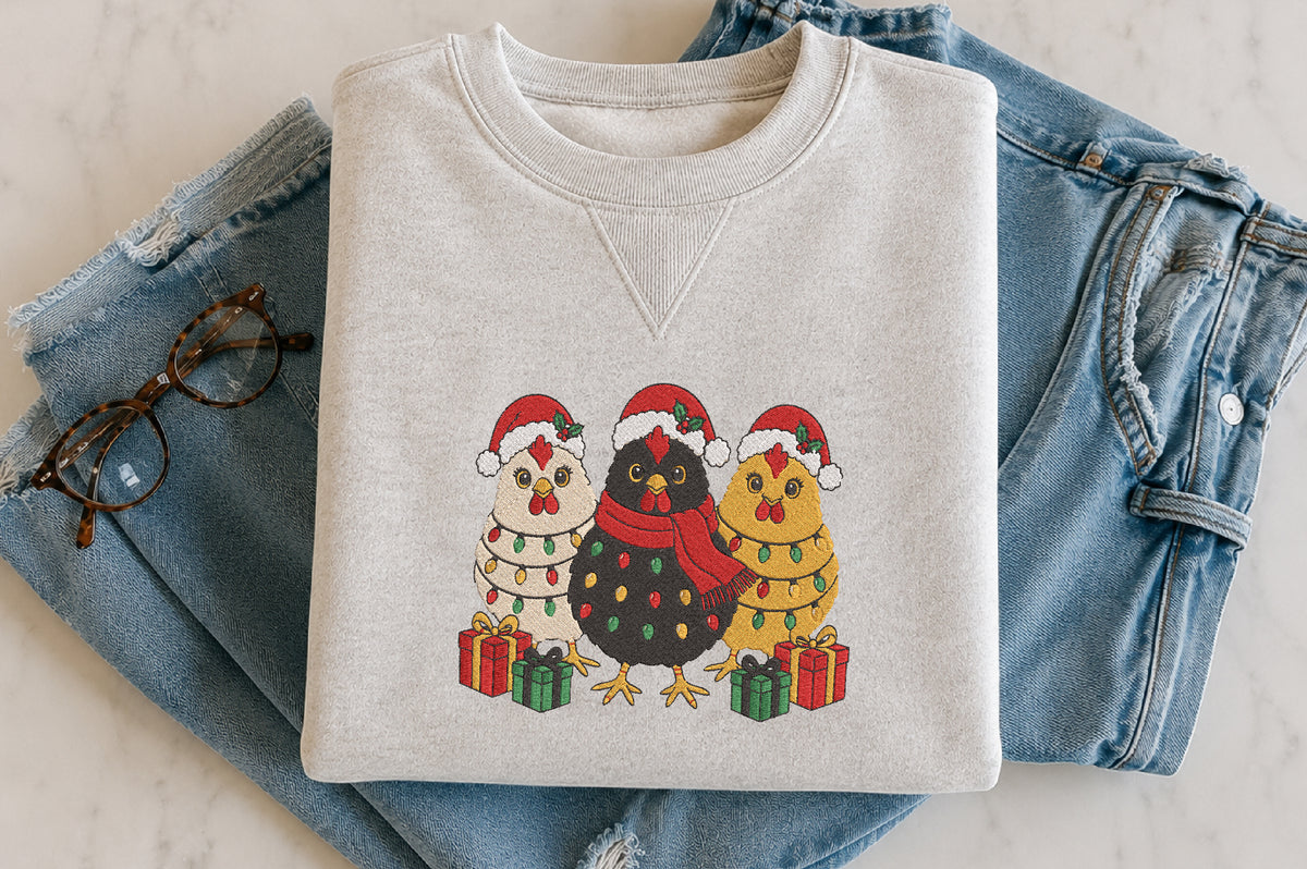 Christmas Light Chicken Embroidery Design – Cute Chicken with Christmas Lights Machine Embroidery Pattern, Festive Farmhouse Holiday Embroidery Design
