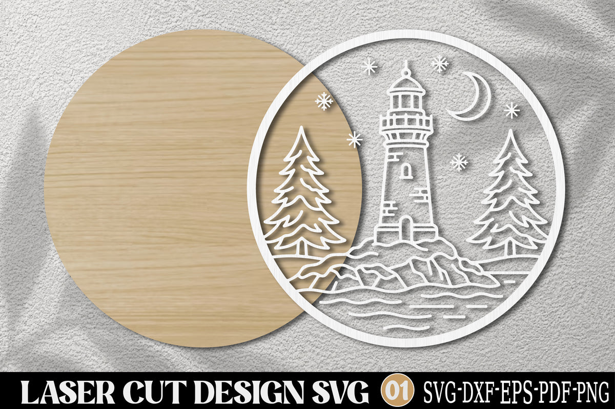 Christmas Lighthouse Ornament SVG | Coastal Winter Lighthouse Laser Cut Design