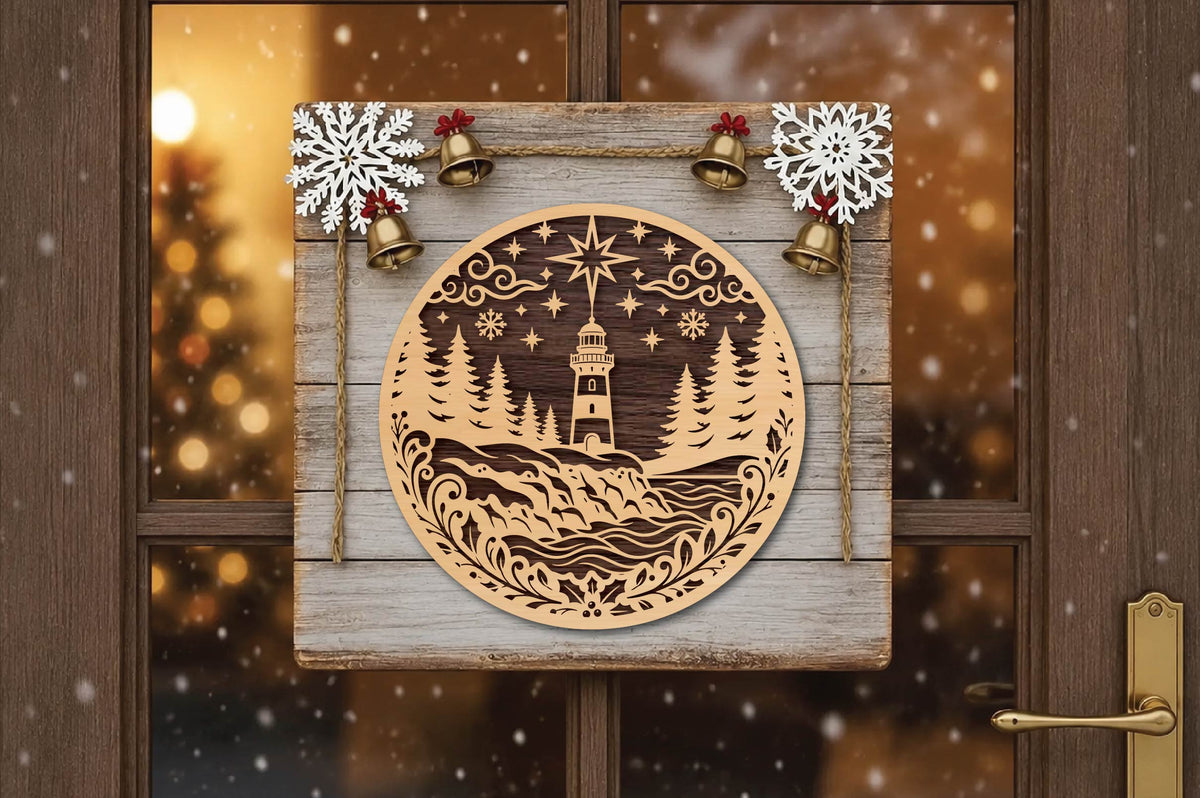 Christmas Lighthouse Laser Cut SVG, Coastal Christmas Ornament Cut File