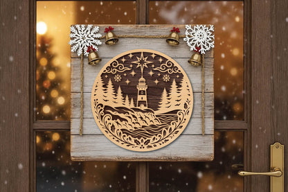 Christmas Lighthouse Laser Cut SVG, Coastal Christmas Ornament Cut File