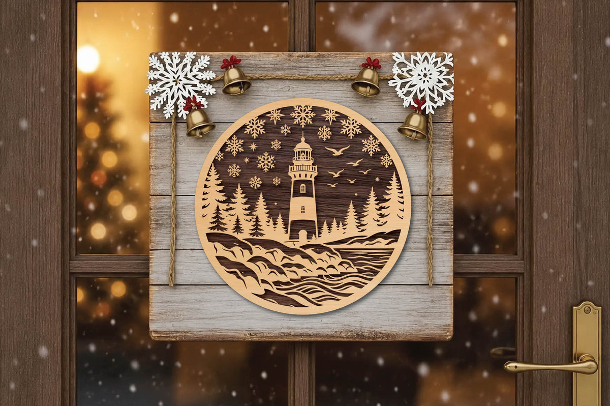 Christmas Lighthouse Laser Cut SVG, Winter Lighthouse Ocean Ornament Cut File, Coastal Christmas Decor