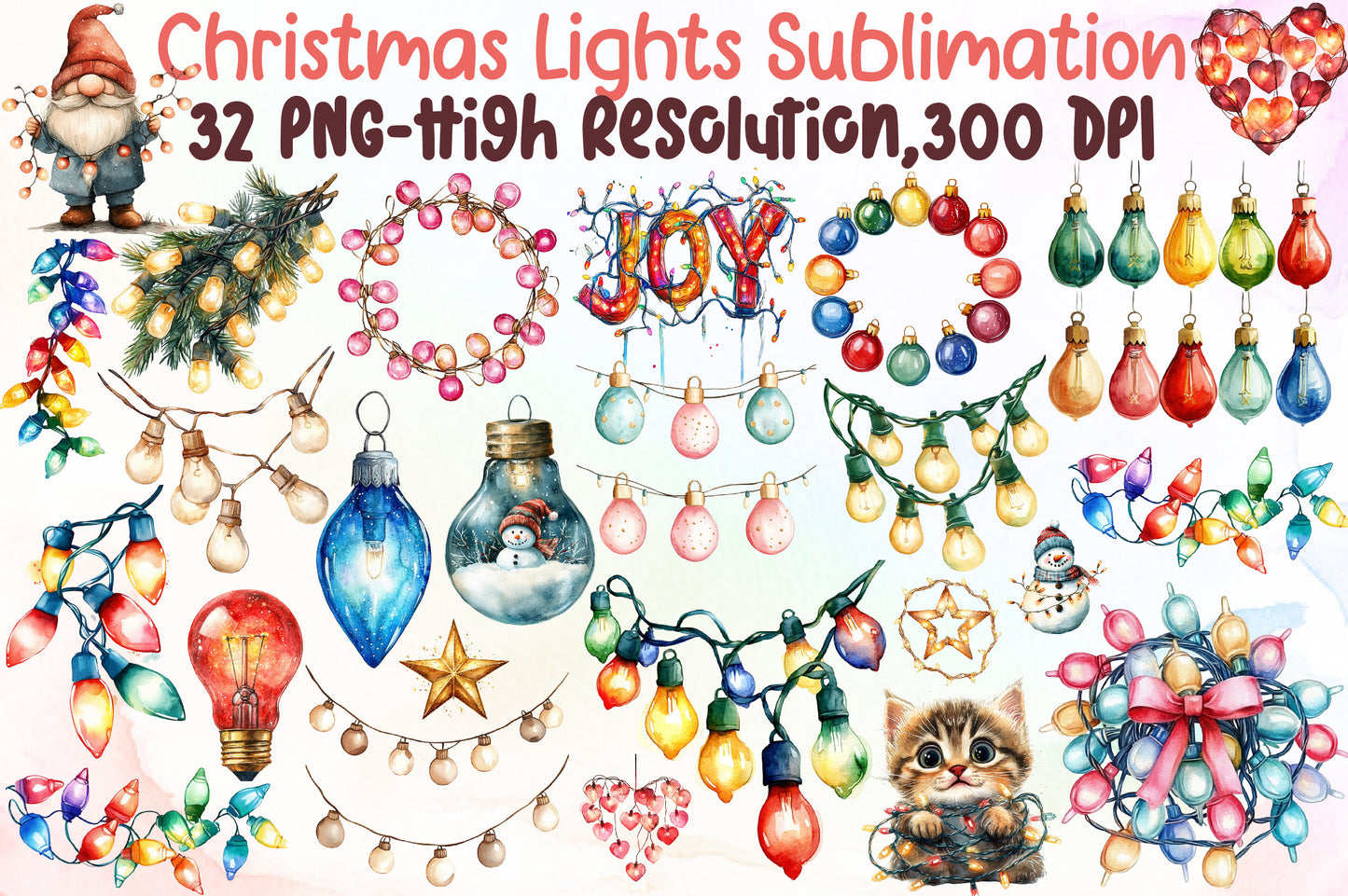 Christmas Lights Watercolor Clipart PNG Bundle