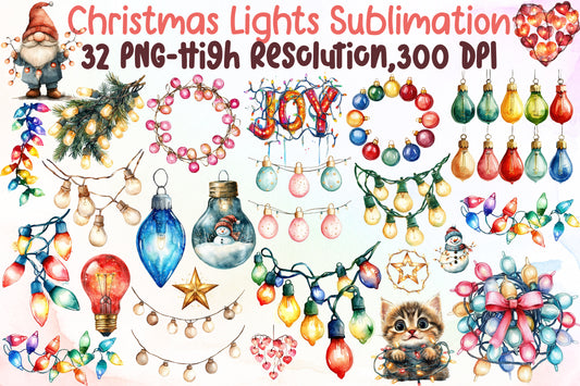 Christmas Lights Watercolor Clipart PNG Bundle