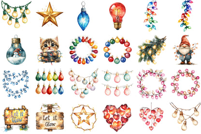 Christmas Lights Watercolor Clipart PNG Bundle