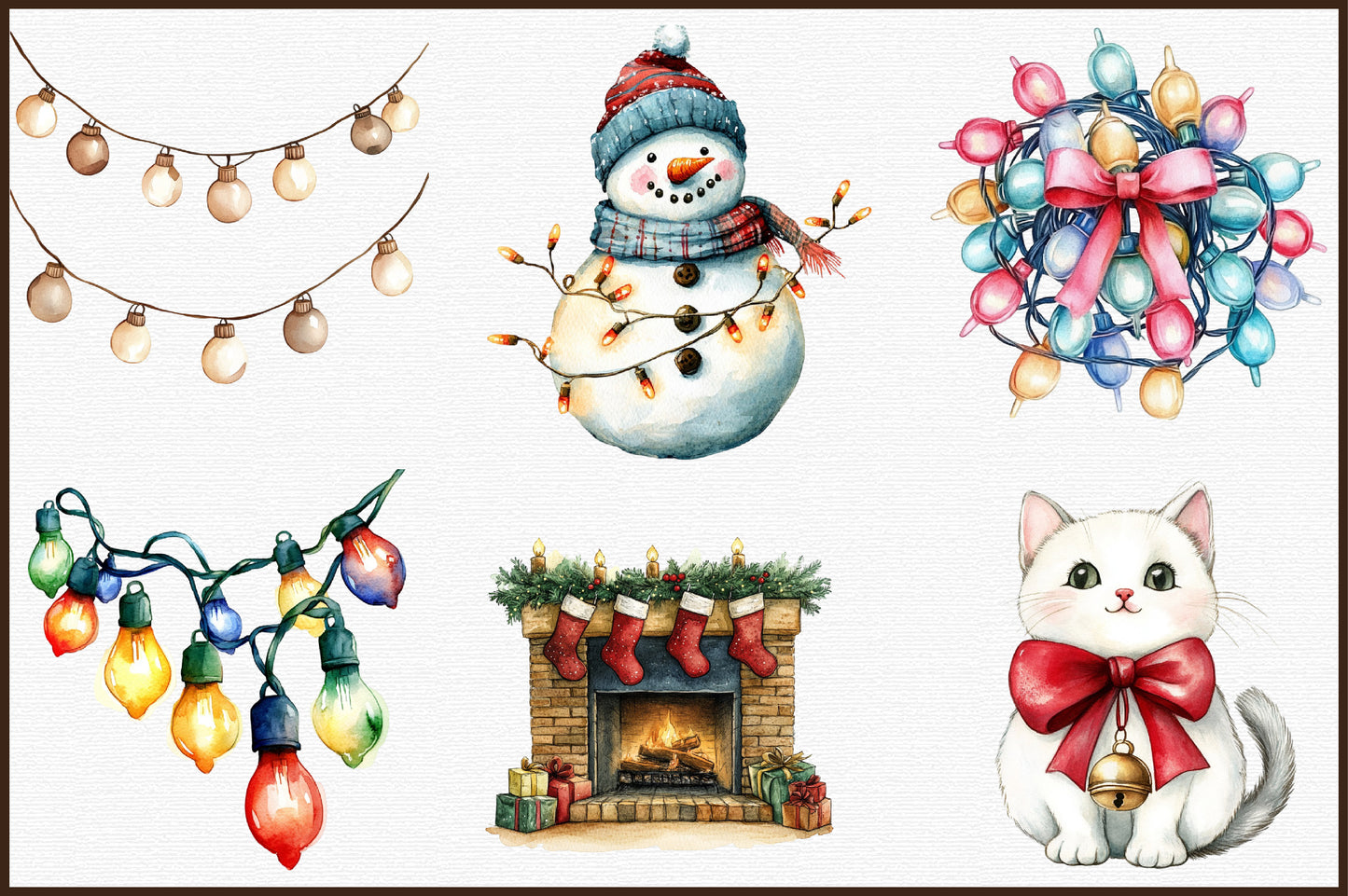 Christmas Lights Watercolor Clipart PNG Bundle