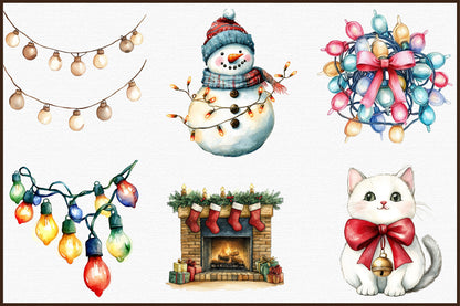 Christmas Lights Watercolor Clipart PNG Bundle