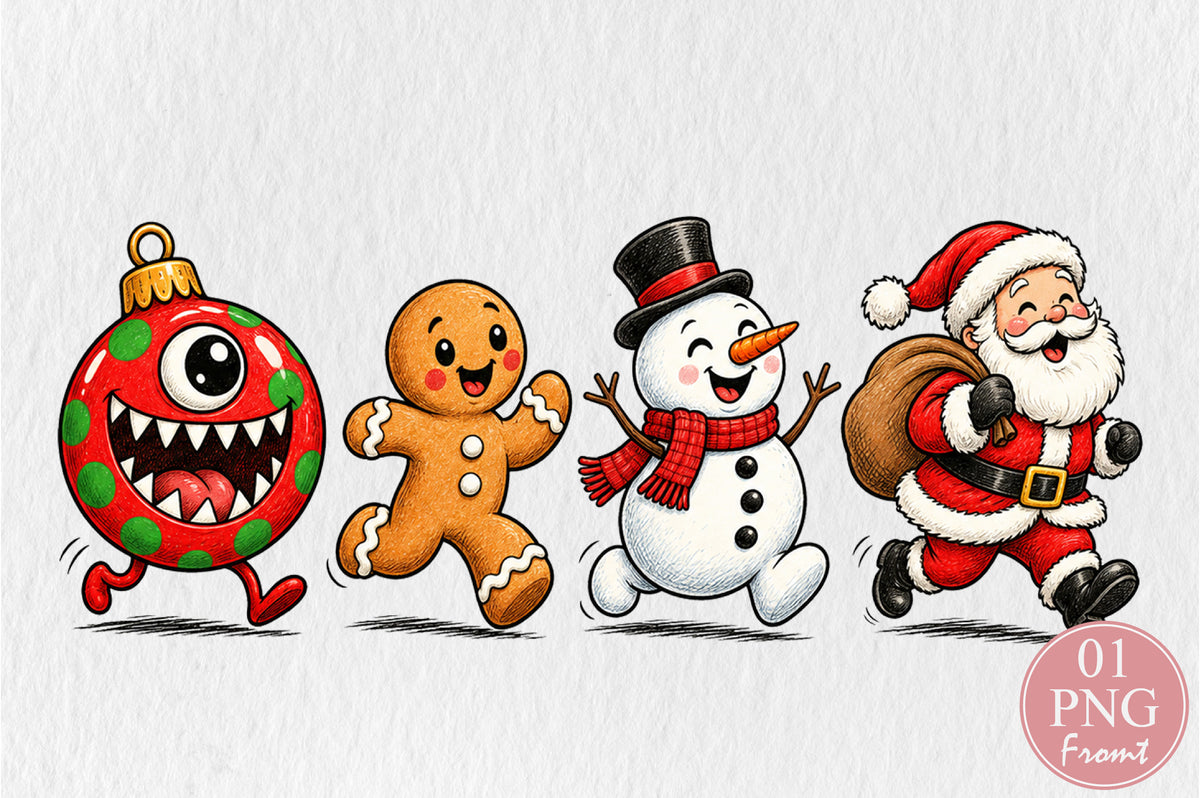 Cute Christmas Monster Ornament Gingerbread Snowman Santa PNG Sublimation