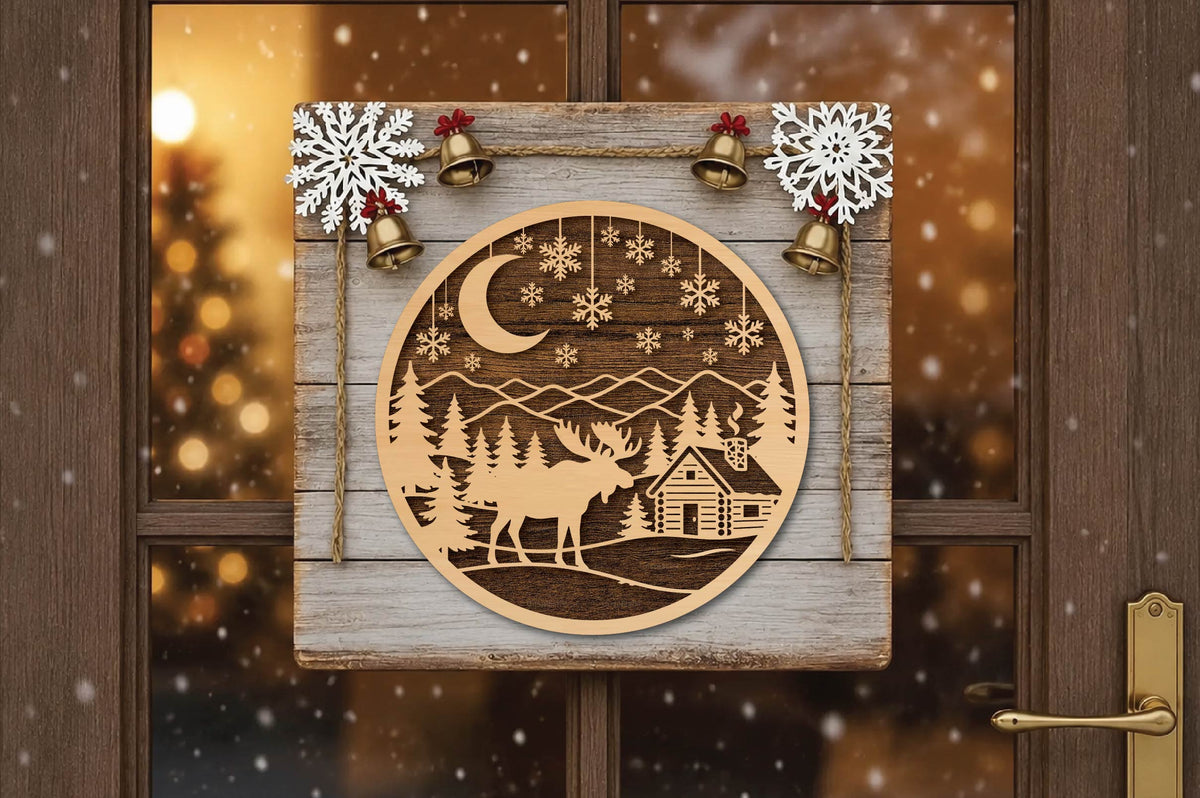 Christmas Moose Cabin Laser Cut SVG, Winter Moose Lodge Ornament Cut File