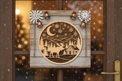 Christmas Moose Cabin Laser Cut SVG, Winter Moose Lodge Ornament Cut File