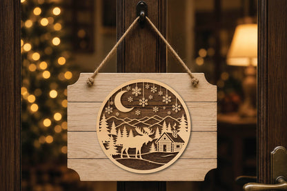 Christmas Moose Cabin Laser Cut SVG, Winter Moose Lodge Ornament Cut File
