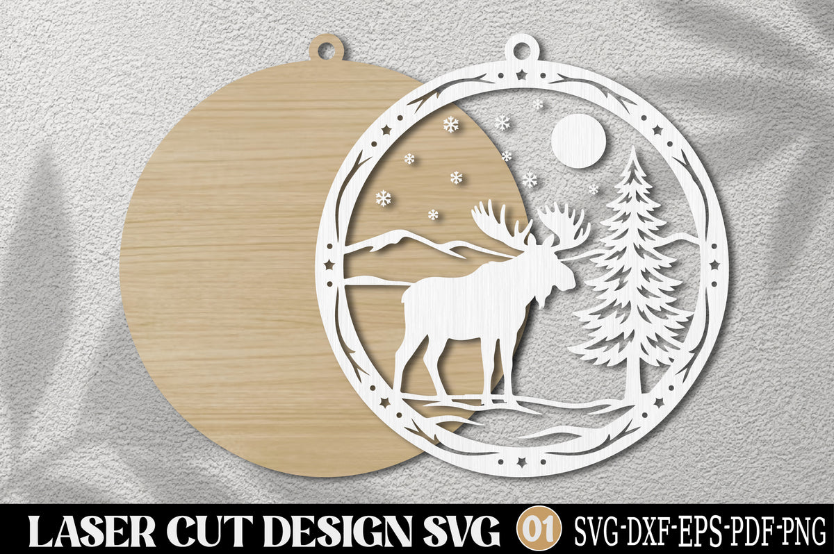 Christmas Moose Ornament SVG | Winter Forest Moose Laser Cut Design