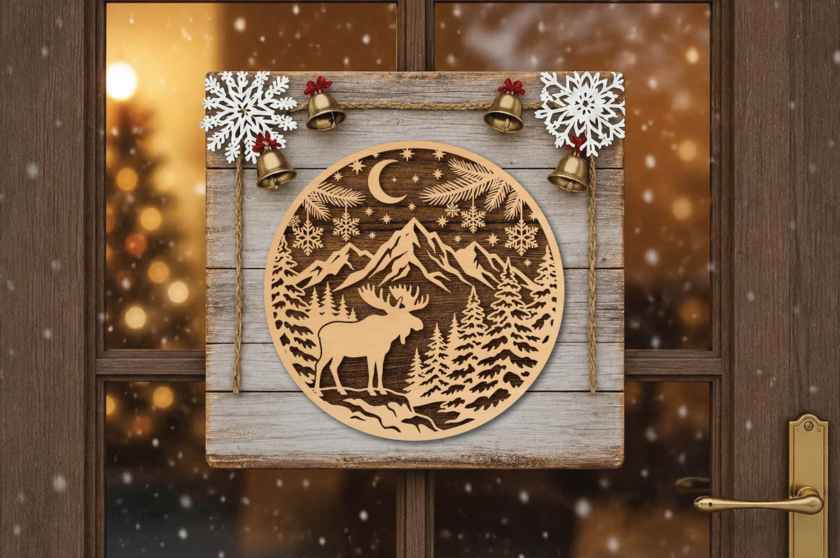 Christmas Moose Mountain Laser Cut SVG, Moose Wilderness Christmas Ornament Cut File