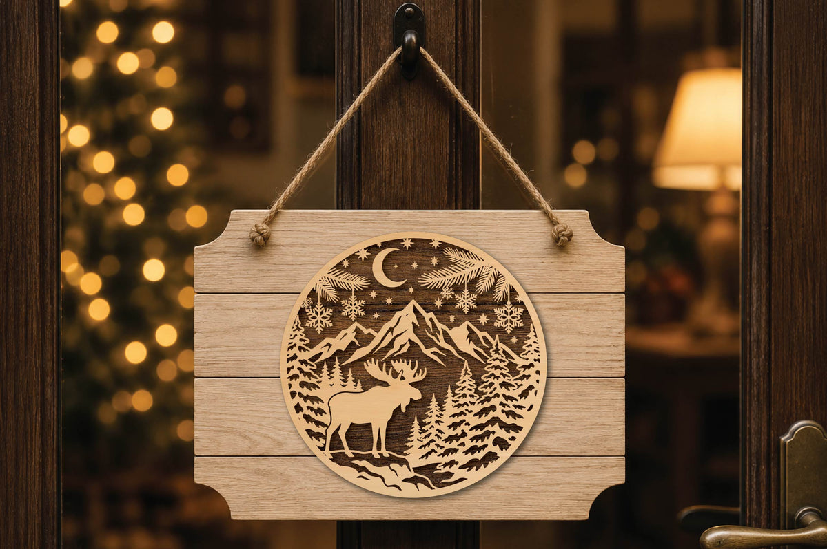 Christmas Moose Mountain Laser Cut SVG, Moose Wilderness Christmas Ornament Cut File