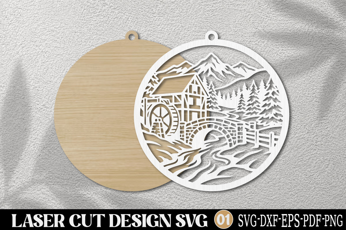 Christmas Mountain Cabin Ornament SVG | Winter Cabin Forest Laser Cut Design