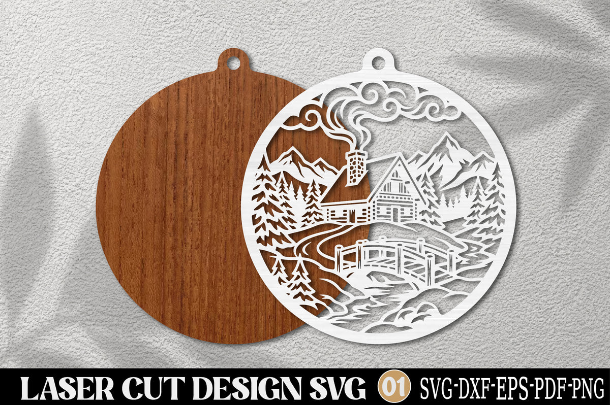 Christmas Mountain Cabin Ornament SVG | Rustic Winter Cabin Laser Cut
