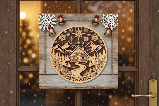 Christmas Mountain Cabin Laser Cut SVG, Winter Lodge Christmas Ornament Cut File