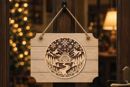 Christmas Mountain Cabin Laser Cut SVG, Winter Lodge Christmas Ornament Cut File