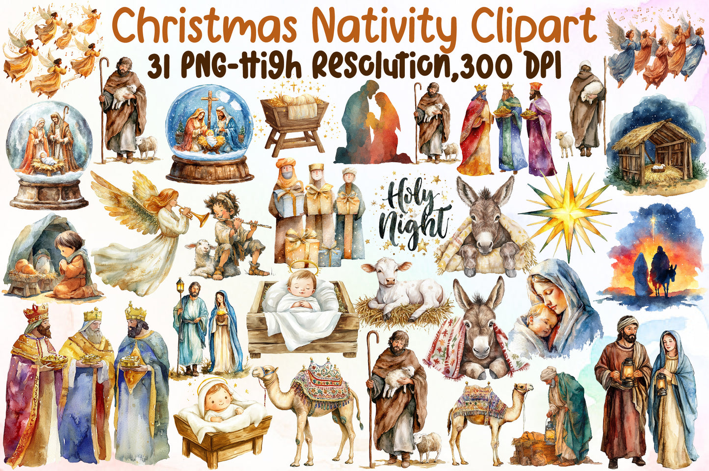 Christmas Nativity Watercolor Clipart PNG Bundle