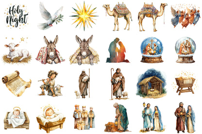 Christmas Nativity Watercolor Clipart PNG Bundle