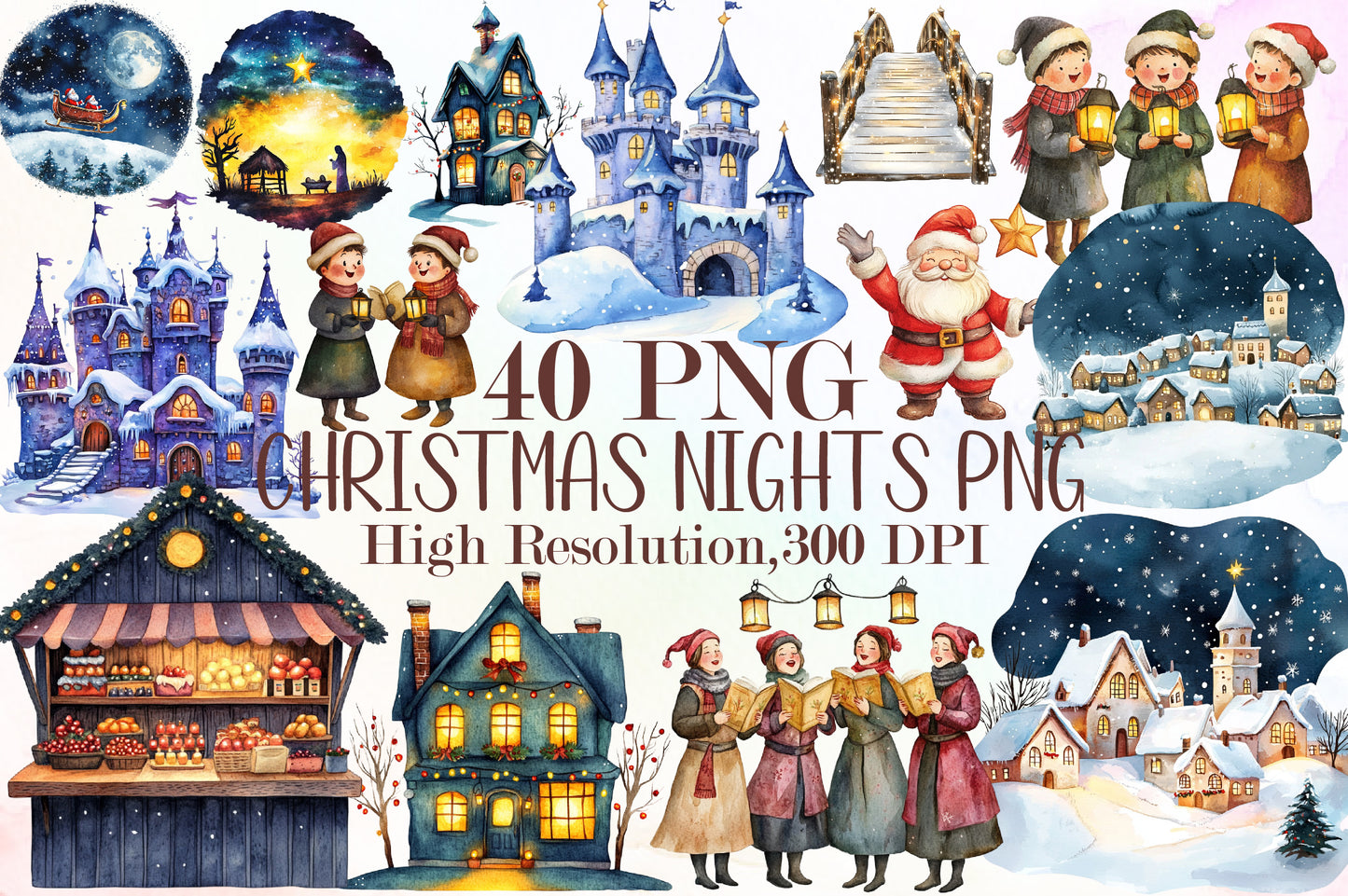 Christmas Nights Watercolor Illustrations PNG Bundle