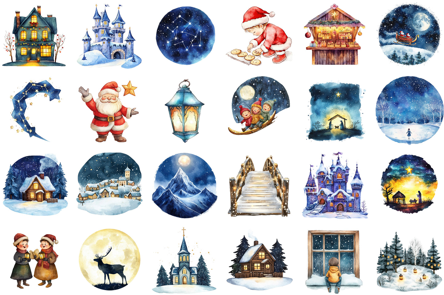 Christmas Nights Watercolor Illustrations PNG Bundle