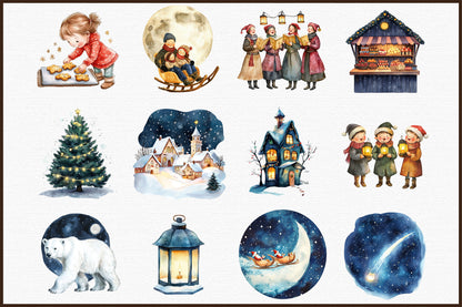 Christmas Nights Watercolor Illustrations PNG Bundle