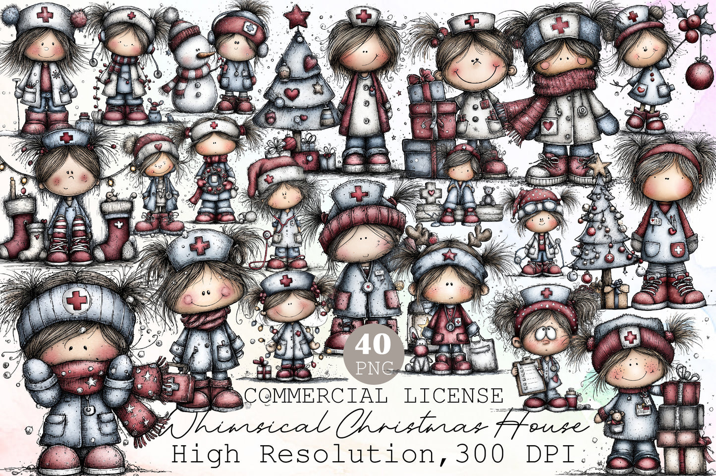 Christmas Nurse Girl Watercolor Clipart PNG Bundle