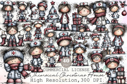 Christmas Nurse Girl Watercolor Clipart PNG Bundle
