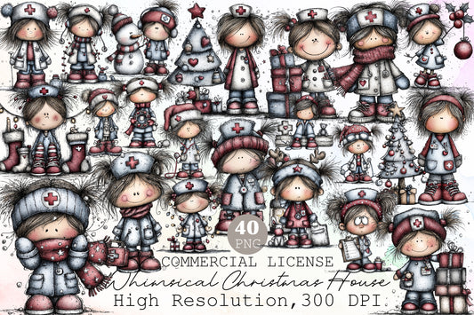 Christmas Nurse Girl Watercolor Clipart PNG Bundle