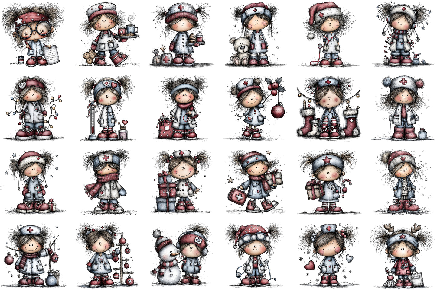 Christmas Nurse Girl Watercolor Clipart PNG Bundle