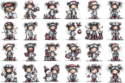 Christmas Nurse Girl Watercolor Clipart PNG Bundle