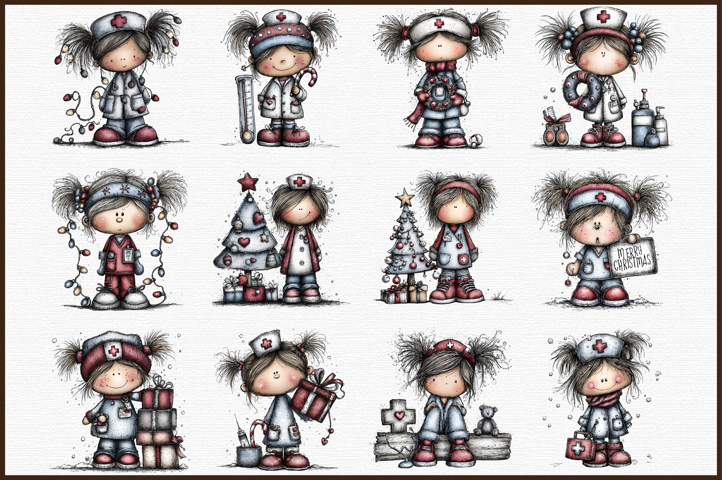 Christmas Nurse Girl Watercolor Clipart PNG Bundle