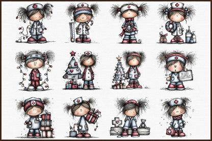 Christmas Nurse Girl Watercolor Clipart PNG Bundle
