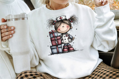 Christmas Nurse Girl Watercolor Clipart PNG Bundle