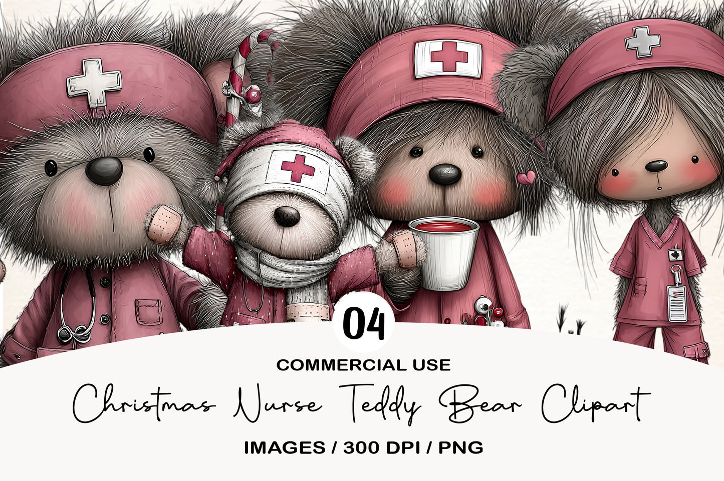 Christmas Nurse Teddy Bear Clipart PNG Bundle | Cute Watercolor Holiday Nurse Bear Clipart