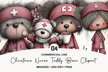 Christmas Nurse Teddy Bear Clipart PNG Bundle | Cute Watercolor Holiday Nurse Bear Clipart