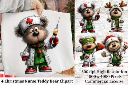 Christmas Nurse Teddy Bear Clipart PNG – 4 Designs