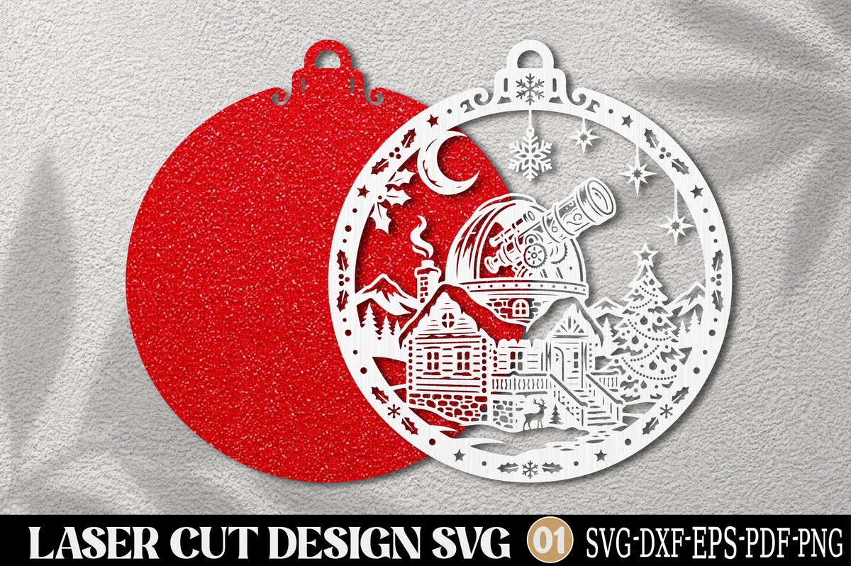 Christmas Observatory Telescope Ornament SVG | Winter Laser Cut Design