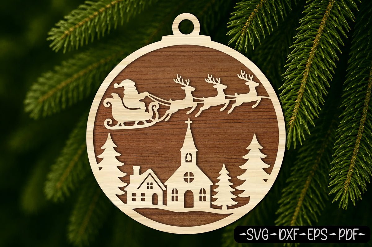 Christmas Ornament Laser Cut SVG | Santa Church Christmas Design