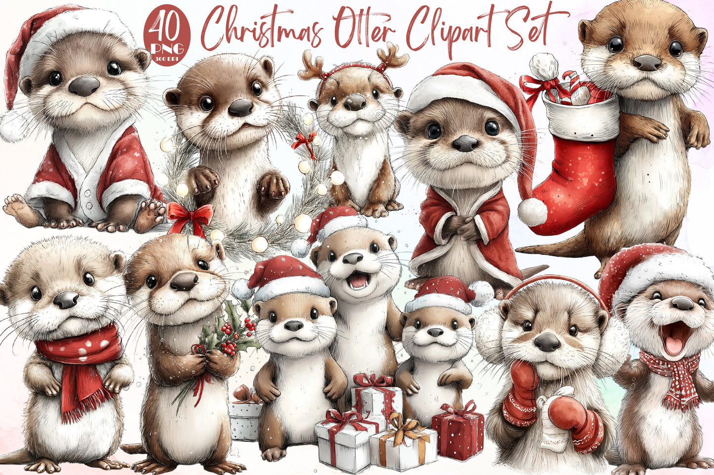 Christmas Otter Watercolor Clipart PNG Bundle