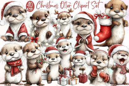 Christmas Otter Watercolor Clipart PNG Bundle