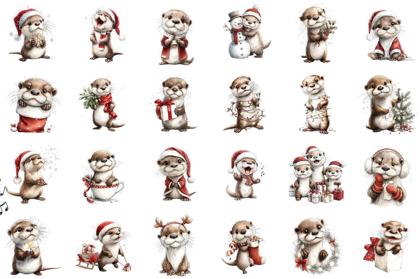 Christmas Otter Watercolor Clipart PNG Bundle