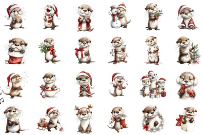 Christmas Otter Watercolor Clipart PNG Bundle