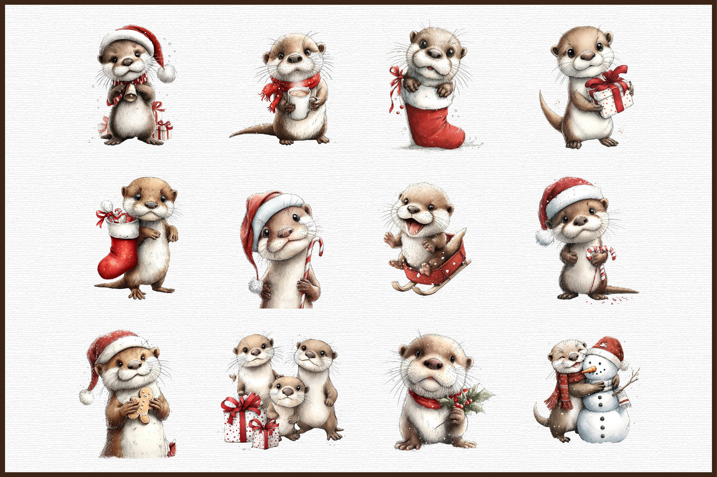 Christmas Otter Watercolor Clipart PNG Bundle