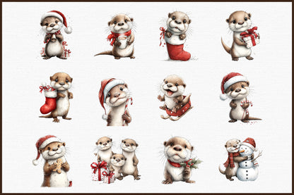 Christmas Otter Watercolor Clipart PNG Bundle