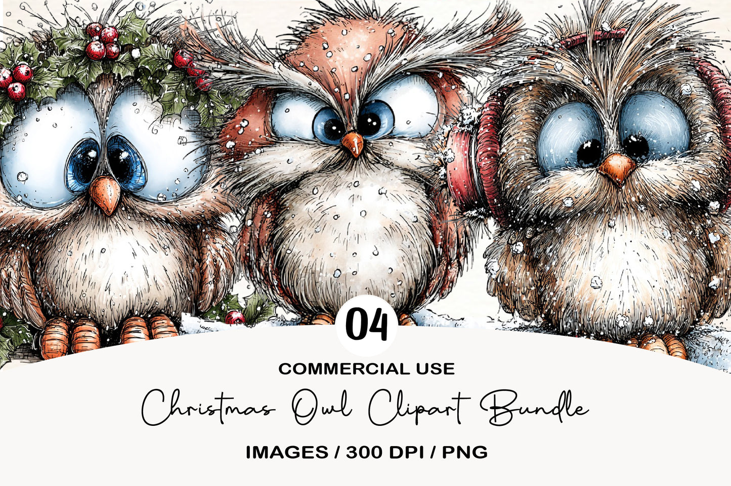 Christmas Owl Clipart Bundle | Cute Watercolor Holiday Owl PNG | Festive Winter Owl Clipart