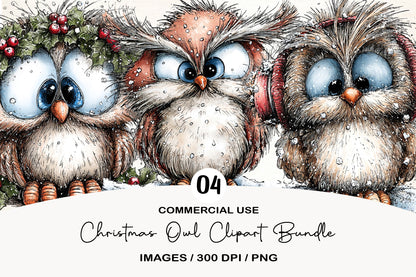 Christmas Owl Clipart Bundle | Cute Watercolor Holiday Owl PNG | Festive Winter Owl Clipart