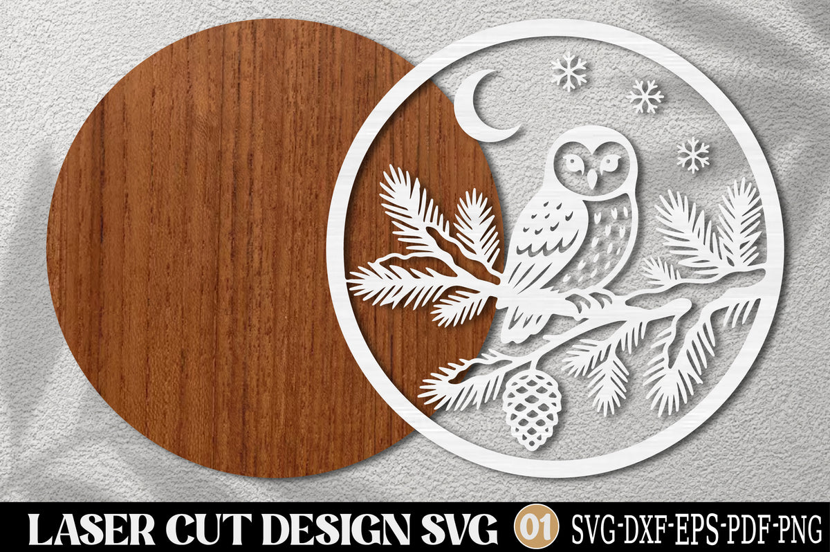 Christmas Owl Ornament SVG | Winter Owl Pine Branch Laser Cut Design