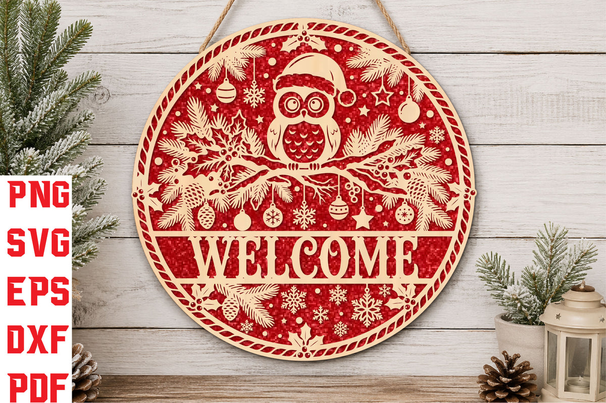 Christmas Owl Welcome Laser Cut SVG