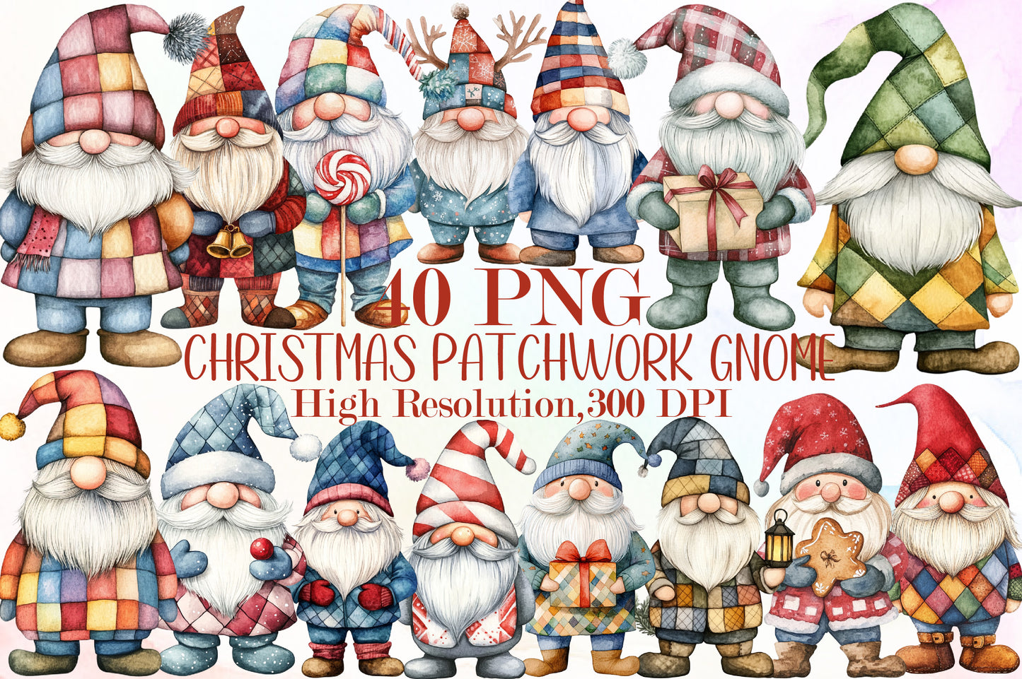 Christmas Patchwork Gnome Clipart PNG Bundle Cute Holiday Gnomes